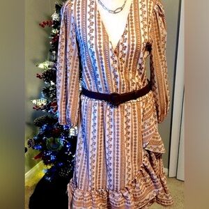 Calvin Klein Beige Patterned Long Sleeve Dress